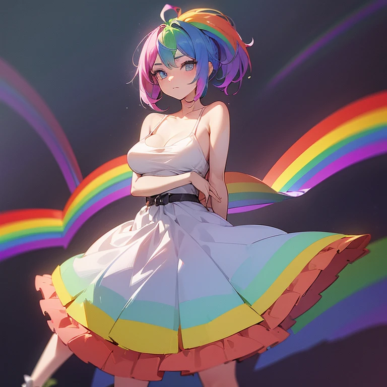 (((I want a woman, with rainbow hair, a body with a thin waist and medium breasts, bright rainbow eyes, wearing a beautiful dress)))