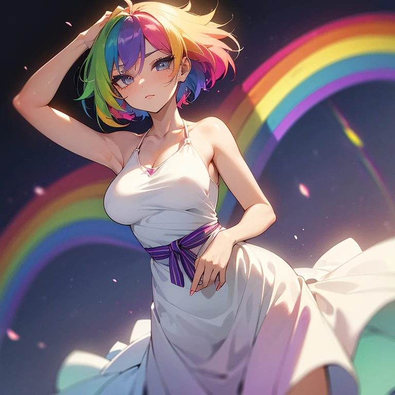 (((I want a woman, with rainbow hair, a body with a thin waist and medium breasts, bright rainbow eyes, wearing a beautiful dress)))
