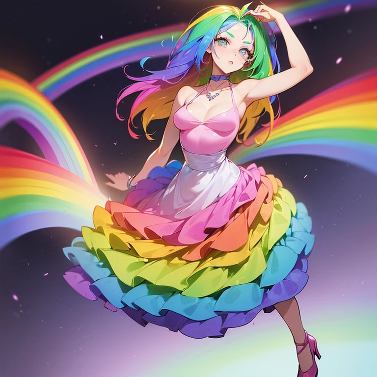 (((I want a woman, with rainbow hair, a body with a thin waist and medium breasts, bright rainbow eyes, wearing a beautiful dress)))
