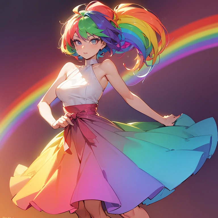 (((I want a woman, with rainbow hair, a body with a thin waist and medium breasts, bright rainbow eyes, wearing a beautiful dress)))