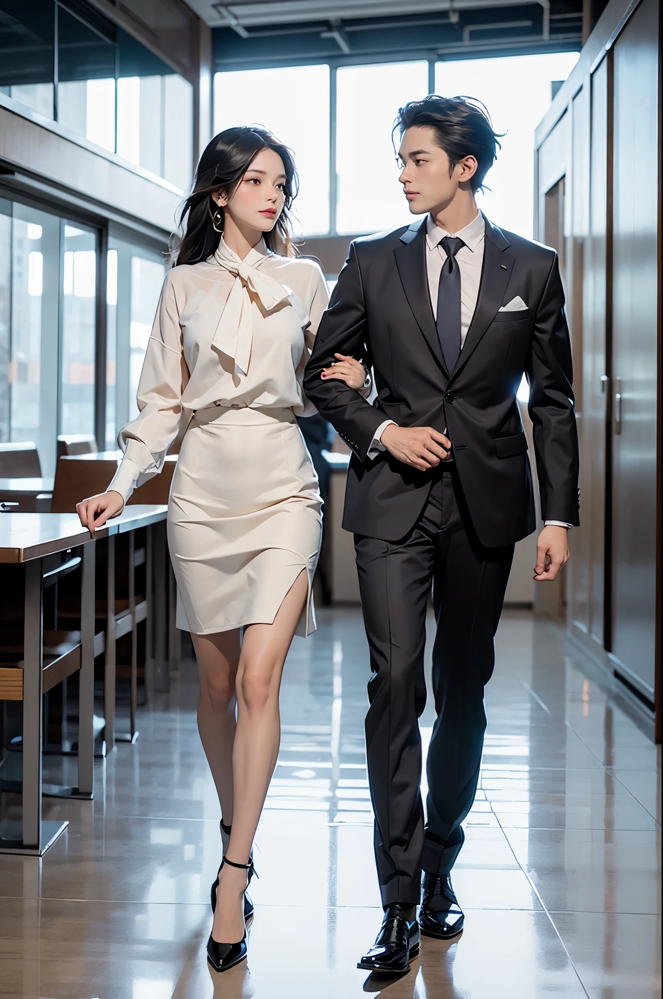"Sakura, alongside Yumi's father, confidently striding towards a meeting room, her high-heeled pumps clicking on the polished marble floor, her form-fitting pencil skirt and fitted blouse accentuating her figure and professionalism, glossy black hair bouncing with each step, and Yumi's father, in a tailored suit projecting authority, his deep-set eyes focused, both presenting sophistication and purpose, turning heads, their professional demeanor masking their secret romance, in a photorealistic image, dynamic corporate setting, full body action shot, 85mm lens, professional and assertive lighting, high resolution 8K, capturing the intriguing dynamic of their relationship in a professional context (dynamic corporate setting:1.4), (sophistication and purpose:1.3), (secret romance:1.2)"