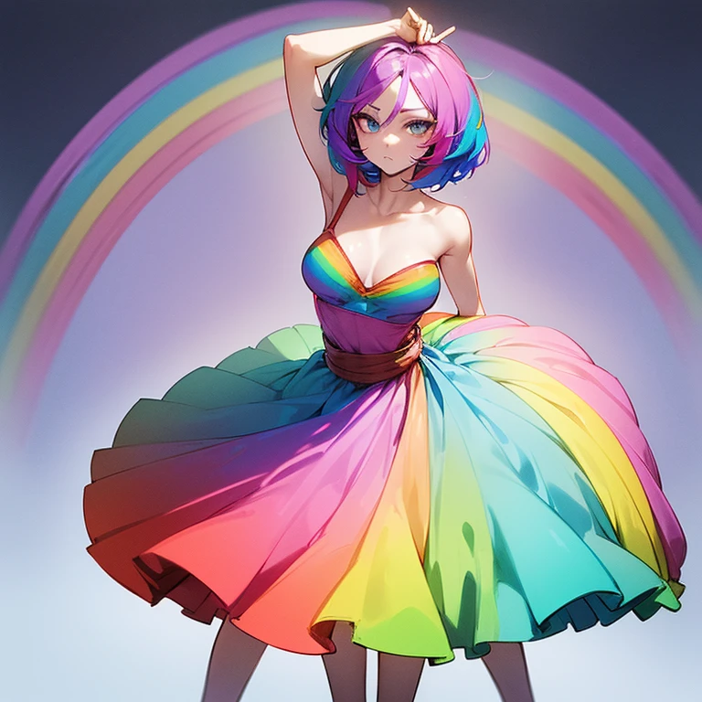 (((I want a woman, with rainbow hair, a body with a thin waist and medium breasts, bright rainbow eyes, wearing a beautiful dress)))