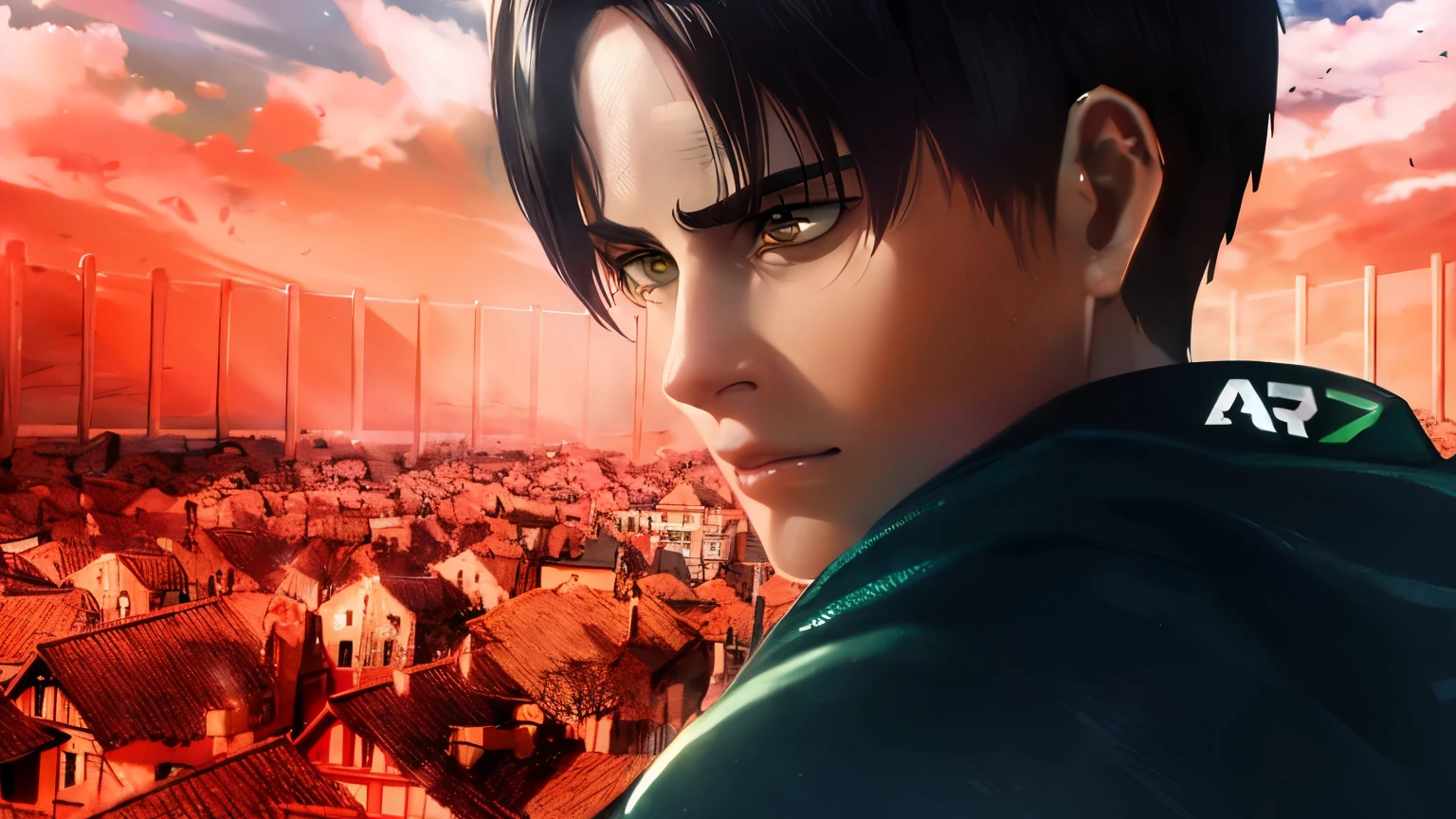 um close up de uma pessoa com uma jaqueta verde em uma cidade, Attack on Titan covert art, snk, levi ackerman, shingeki no kyojin, Retrato de Eren Yeager, Attack on Titan, Attack on Titans, from Attack on Titan, Attack on Titan anime style, Eren Jaeger, (Attack on Titans anime)
