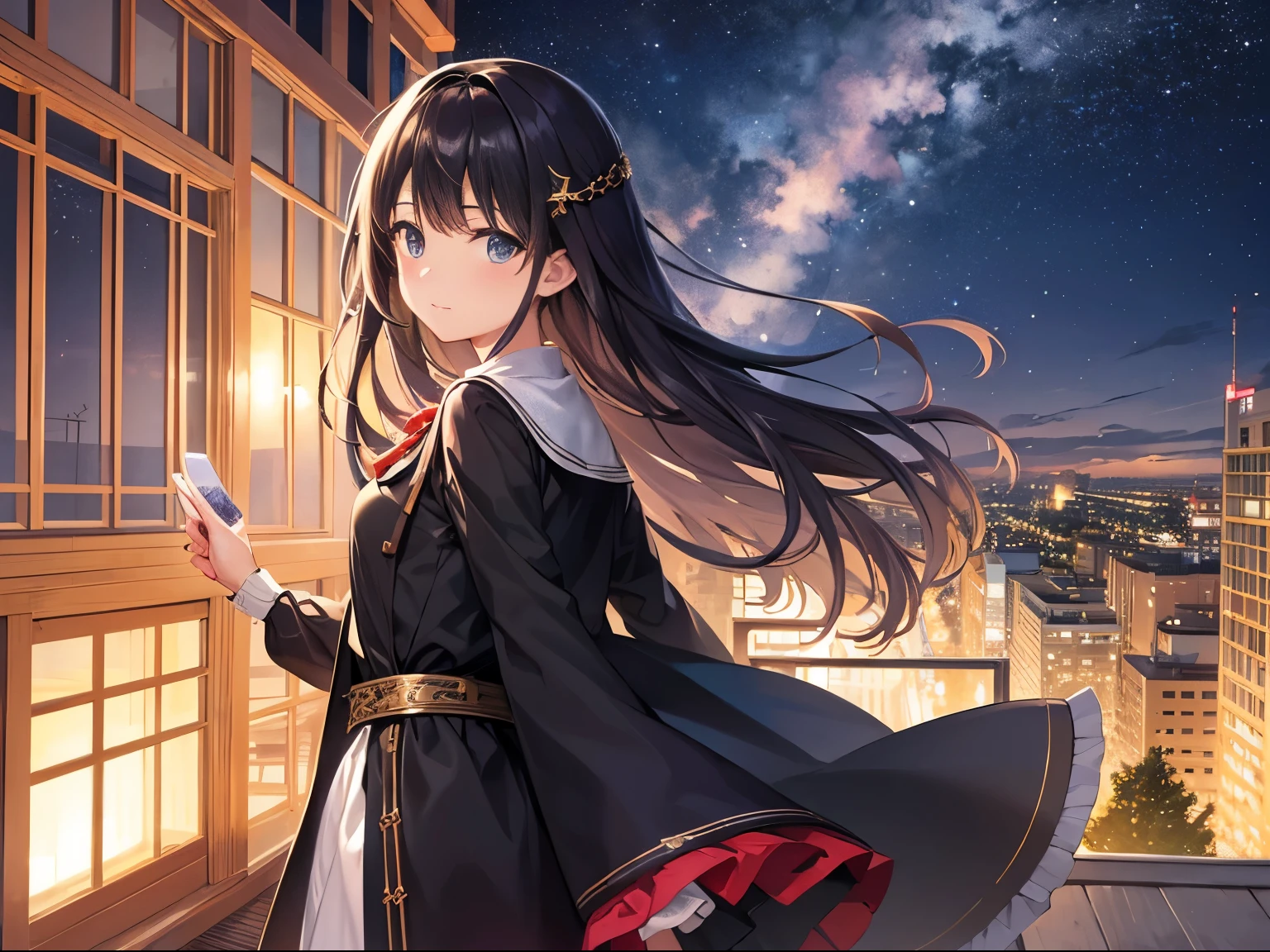 highest quality, masterpiece, very detailed, detailed background, anime, 1 girl, young girl, short girl, SF, SF, outdoor, night, starry sky, greenhouse, Giant structures, Biodome, Wind景, scenery, horizon, rooftop, sitting on rooftop, Wind, look away, atmosphere lighting, focus only, close, From the side, Depth of written boundary, Bokeh