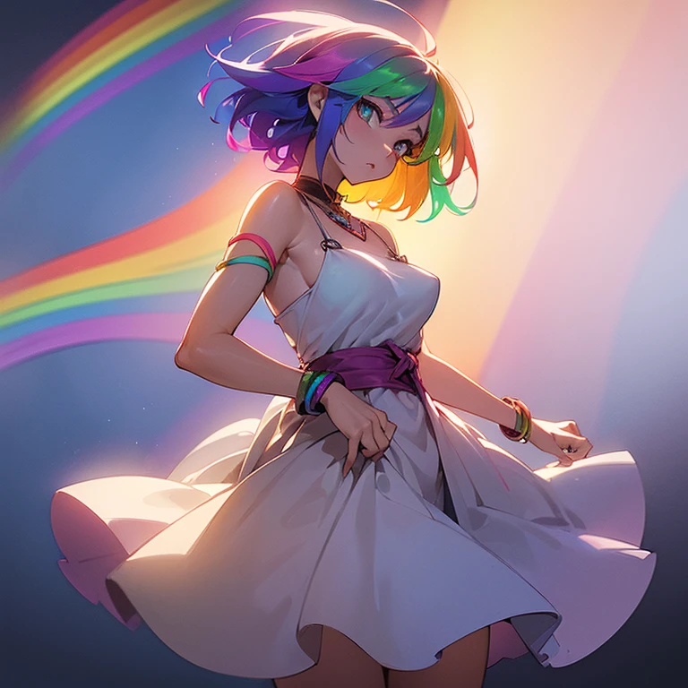 (((I want a woman, with rainbow hair, a body with a thin waist and medium breasts, bright rainbow eyes, wearing a beautiful dress)))