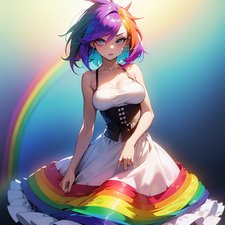 (((I want a woman, with rainbow hair, a body with a thin waist and medium breasts, bright rainbow eyes, wearing a beautiful dress)))