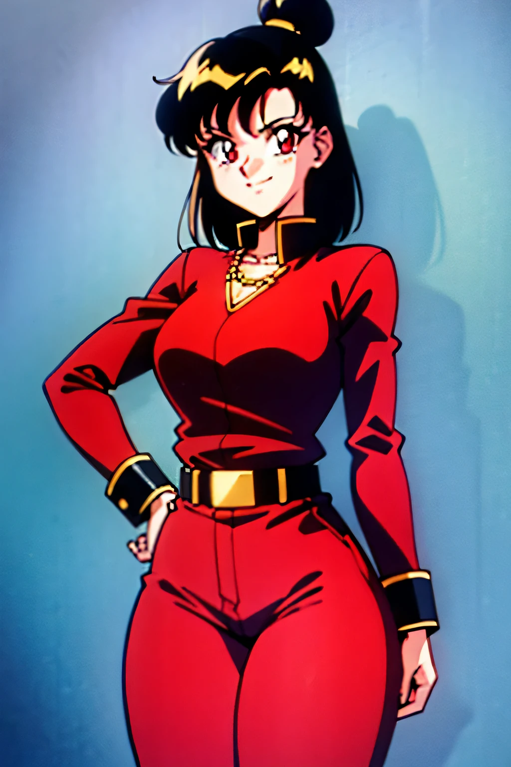best quality, high details, 1girl, solo, tall woman, hand behind her back, medium hair, black hair, adult, red eyes, red shirt, long sleeves, gold cuffs, idol, looking at viewer, hair buns, belt, black jeans, anatomically correct, 1990s (style), retro artstyle, smile, anime screencap, happy, portrait, simple background, middle aged, mature, curvy