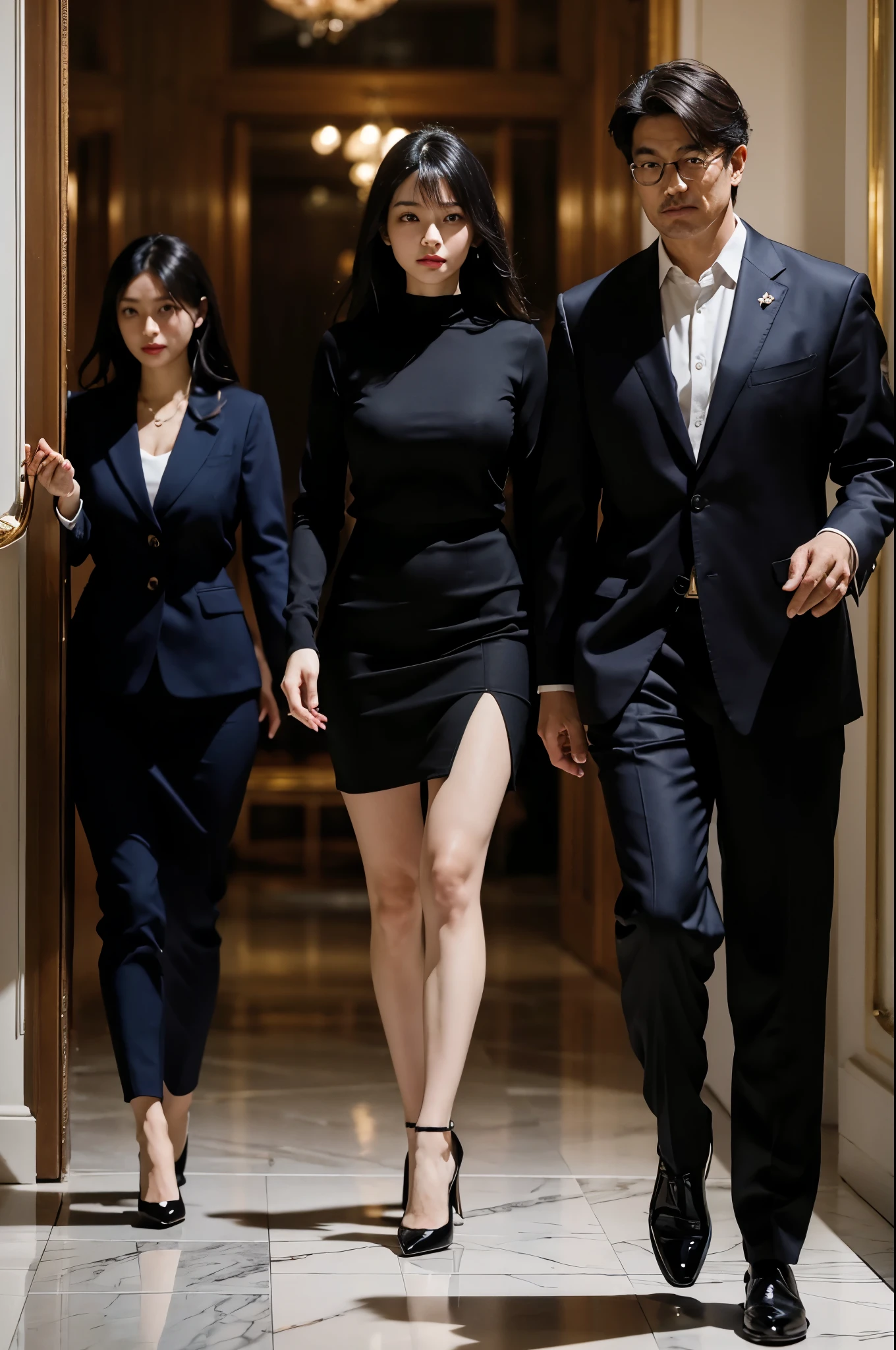 "Sakura, alongside Yumi's father, confidently striding towards a meeting room, her high-heeled pumps clicking on the polished marble floor, her form-fitting pencil skirt and fitted blouse accentuating her figure and professionalism, glossy black hair bouncing with each step, and Yumi's father, in a tailored suit projecting authority, his deep-set eyes focused, both presenting sophistication and purpose, turning heads, their professional demeanor masking their secret romance, in a photorealistic image, dynamic corporate setting, full body action shot, 85mm lens, professional and assertive lighting, high resolution 8K, capturing the intriguing dynamic of their relationship in a professional context (dynamic corporate setting:1.4), (sophistication and purpose:1.3), (secret romance:1.2)"