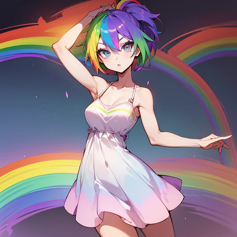(((I want a woman, with rainbow hair, a body with a thin waist and medium breasts, bright rainbow eyes, wearing a beautiful dress)))