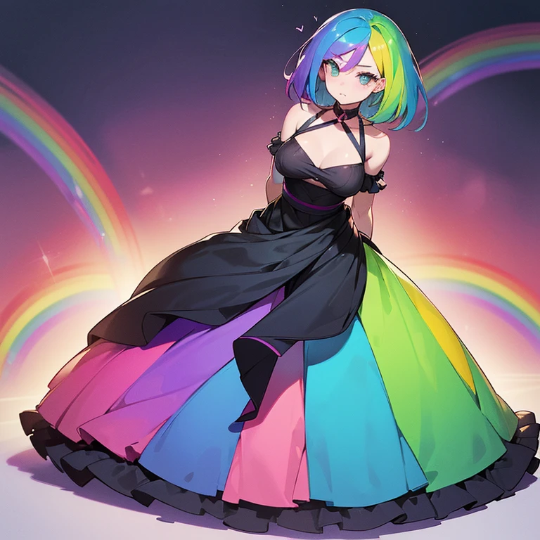 (((I want a woman, with rainbow hair, a body with a thin waist and medium breasts, bright rainbow eyes, wearing a beautiful dress)))