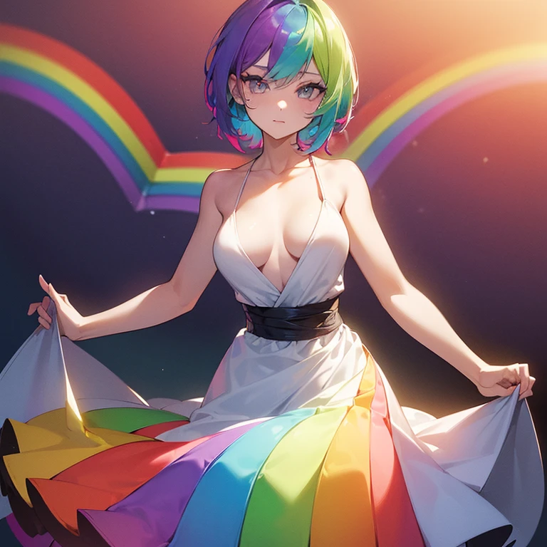 (((I want a woman, with rainbow hair, a body with a thin waist and medium breasts, bright rainbow eyes, wearing a beautiful dress)))