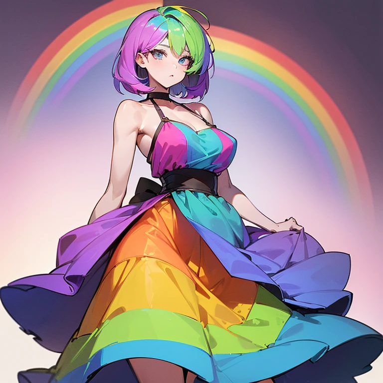 (((I want a woman, with rainbow hair, a body with a thin waist and medium breasts, bright rainbow eyes, wearing a beautiful dress)))