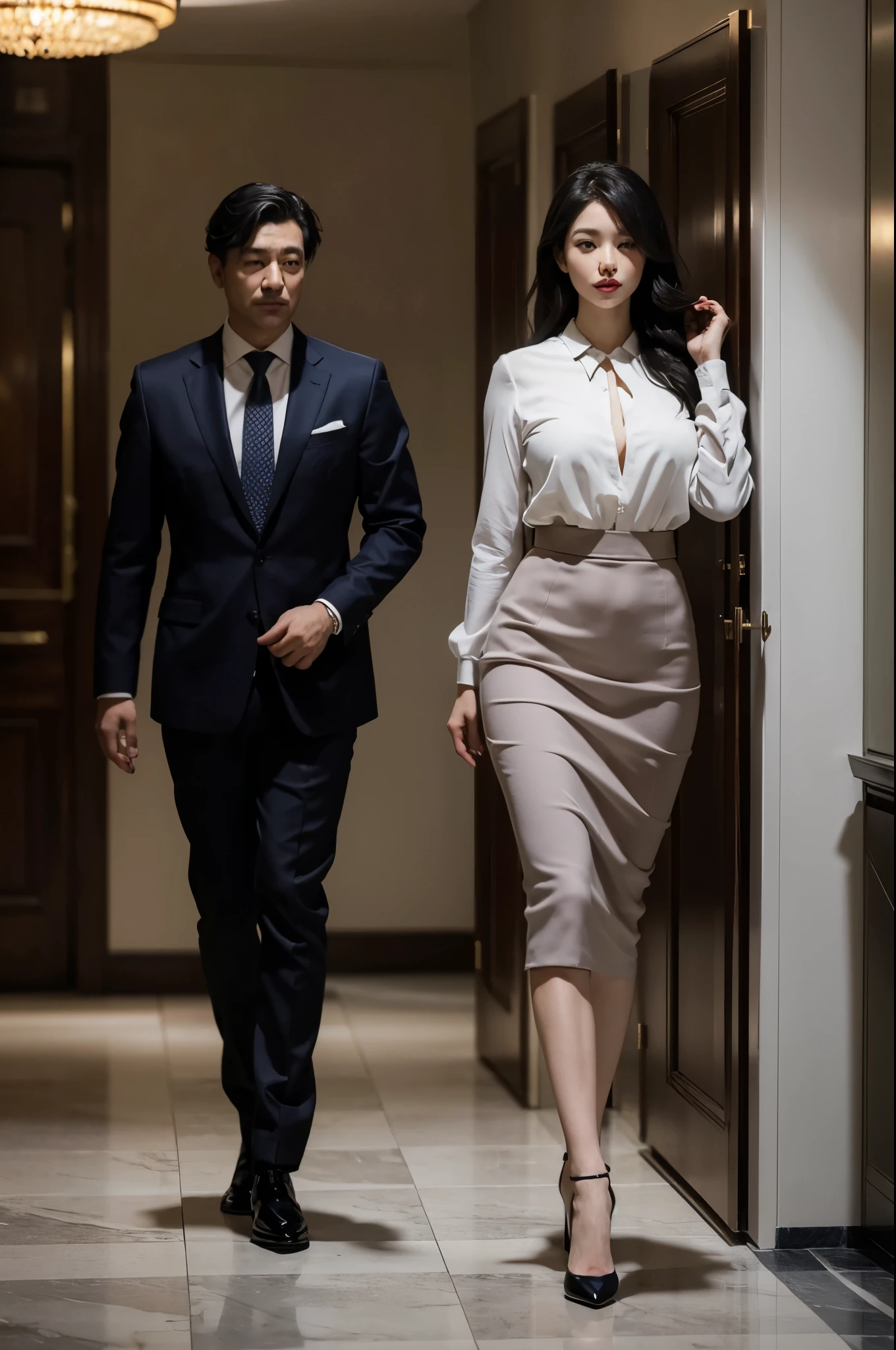 "Sakura, alongside Yumi's father, confidently striding towards a meeting room, her high-heeled pumps clicking on the polished marble floor, her form-fitting pencil skirt and fitted blouse accentuating her figure and professionalism, glossy black hair bouncing with each step, and Yumi's father, in a tailored suit projecting authority, his deep-set eyes focused, both presenting sophistication and purpose, turning heads, their professional demeanor masking their secret romance, in a photorealistic image, dynamic corporate setting, full body action shot, 85mm lens, professional and assertive lighting, high resolution 8K, capturing the intriguing dynamic of their relationship in a professional context (dynamic corporate setting:1.4), (sophistication and purpose:1.3), (secret romance:1.2)"