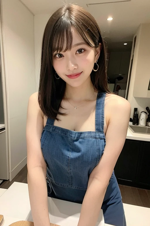 table top, highest quality, figure, super detailed, finely, High resolution, 8k wallpaper, 完璧なダイナミックな構figure, beautiful and fine eyes, (dress),medium hair, Same as, natural color lip, random sexy poses, big and full breasts、smile, earrings, 20 year old girl,naked apron,kitchen