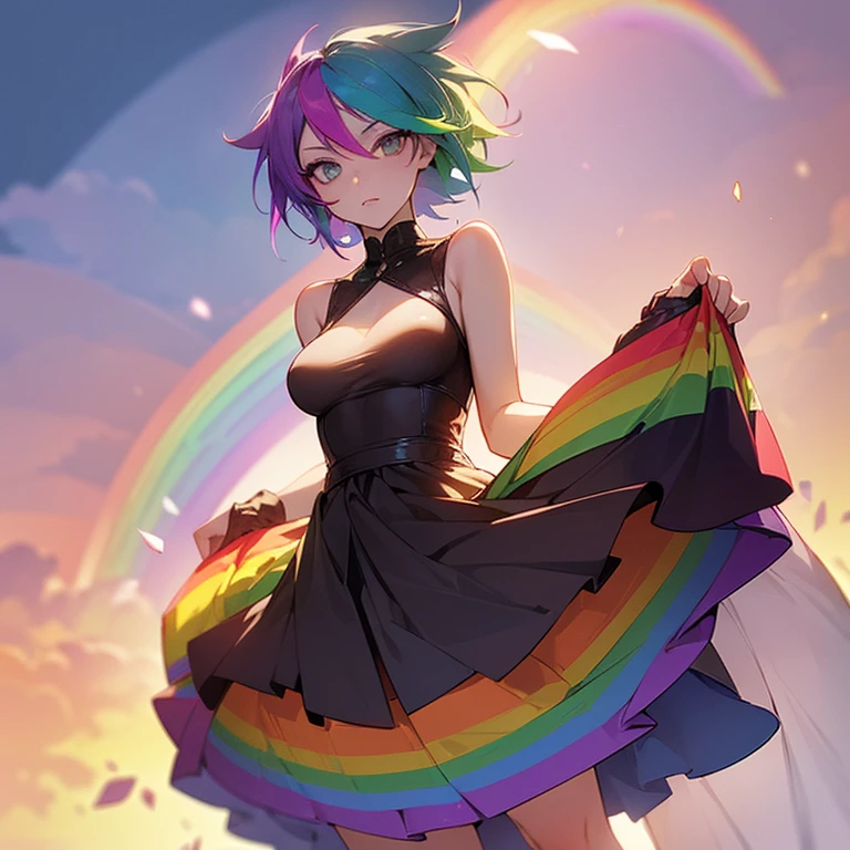 (((I want a woman, with rainbow hair, a body with a thin waist and medium breasts, bright rainbow eyes, wearing a beautiful dress)))
