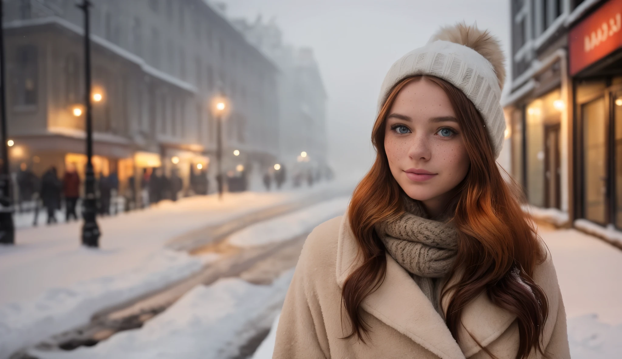 professional portrait photograph of a gorgeous Norwegian girl in winter clothing with long wavy dark red hair, sultry flirty look, (freckles), gorgeous symmetrical face, cute natural makeup, wearing elegant warm winter fashion clothing, ((standing outside in snowy city street)), stunning modern urban environment, ultra realistic, concept art, elegant, highly detailed, intricate, sharp focus, depth of field, f/1. 8, 85mm, medium shot, mid shot, (((professionally color graded))), bright soft diffused light, (volumetric fog), trending on instagram, hdr 4k, 8k