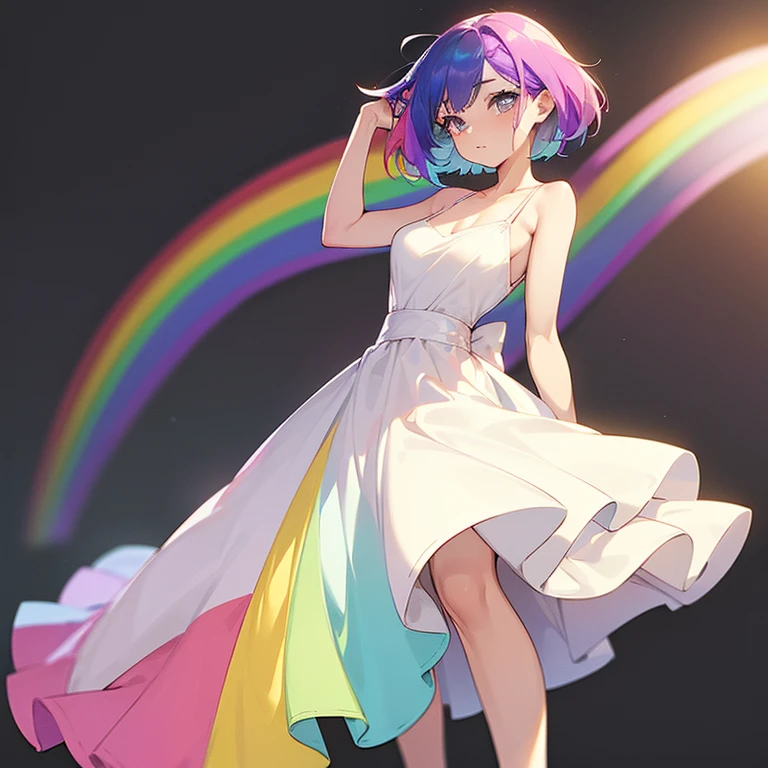 (((I want a woman, with rainbow hair, a body with a thin waist and medium breasts, bright rainbow eyes, wearing a beautiful dress)))