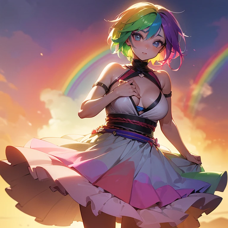 (((I want a woman, with rainbow hair, a body with a thin waist and medium breasts, bright rainbow eyes, wearing a beautiful dress)))