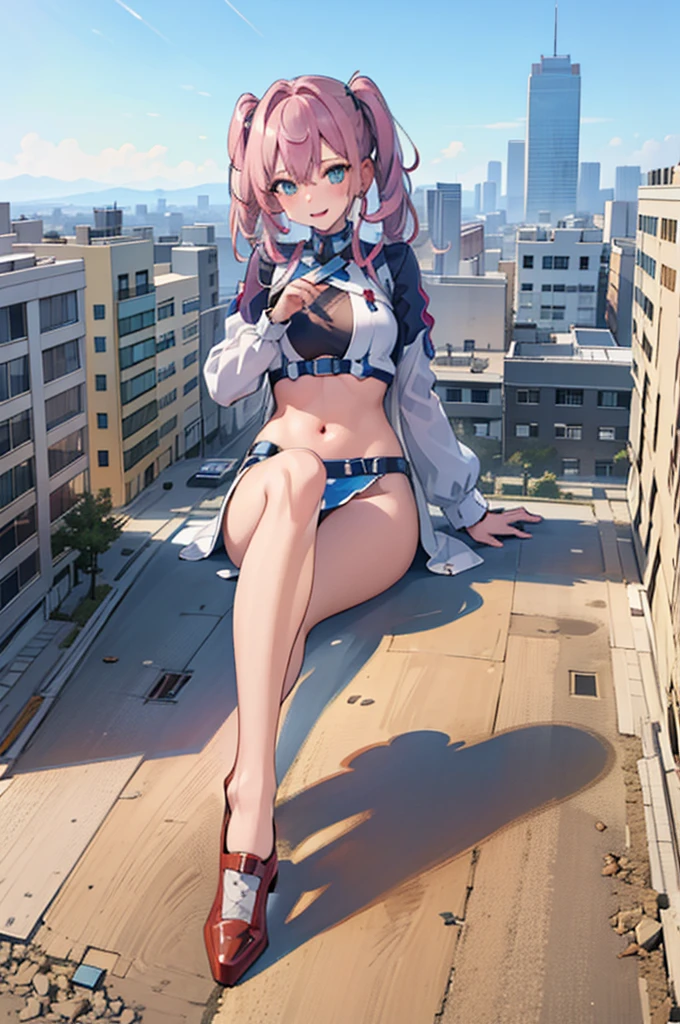 (best quality, Ultra Detailed:1.3), sharp focus, full color, 
(1girl,solo:1.3),  Shiny hair, shiny skin, (exposed skin:1.0), Sparkling eyes, (laugh:1.0), casual clothes, tricolor outfit,
 mech, robot in, Science fiction, arma, building, Sitting on Building, City, (destruction, Collapsed buildings:1.0),
 (mechagirl girl:1.0), giantess, gts, Aerial view,