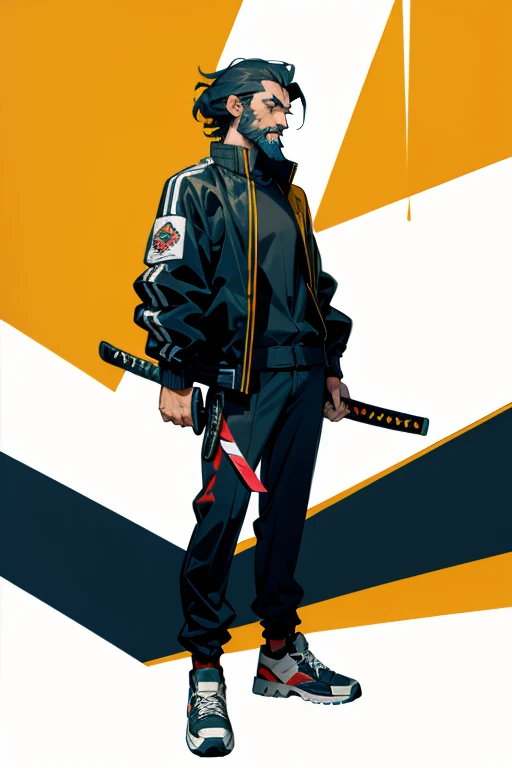 spanish man with beard and katana blade wearing a bomber jacket and sneakers standing