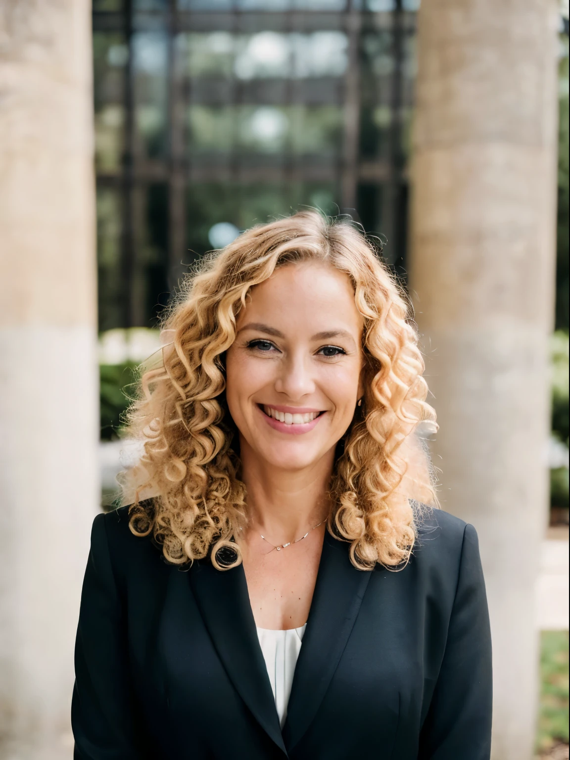 ((best quality)), ((masterpiece)), (detailed), (((45 year old curly blonde hair woman))), executive portrait, half body shot, ((outside)), in city park, (((wearing dark suit}}}, ((professional business photo)) smiling, facing forward, standing straight
