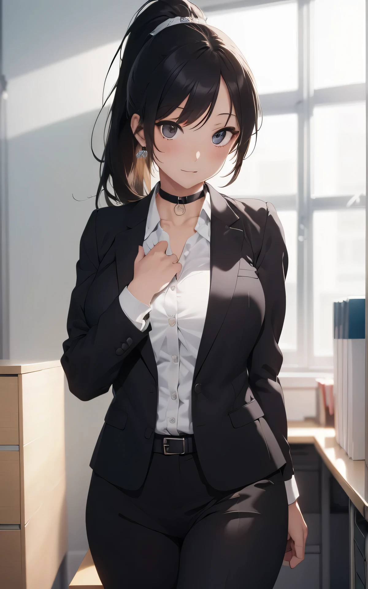 ((put one's hand on the desk:1.3,)) ((sexy poseasterpiece)), (best quality), (intricate detailed), (Hyperrealistic), absurd res, perspective, highly detailed, detailed background, illustration, 1girl, perfect hands, detailed fingers, beautiful detailed eyes, perfect eyes, seductive eyes, looking at the viewer, (medium chest), milf, mature woman, brown eyes, CEO, (business outfit:1.2), pants suit, suit jacket, black choker, earrings, a woman in the office room, a white wall, ((ecstasy)), high ponytail
