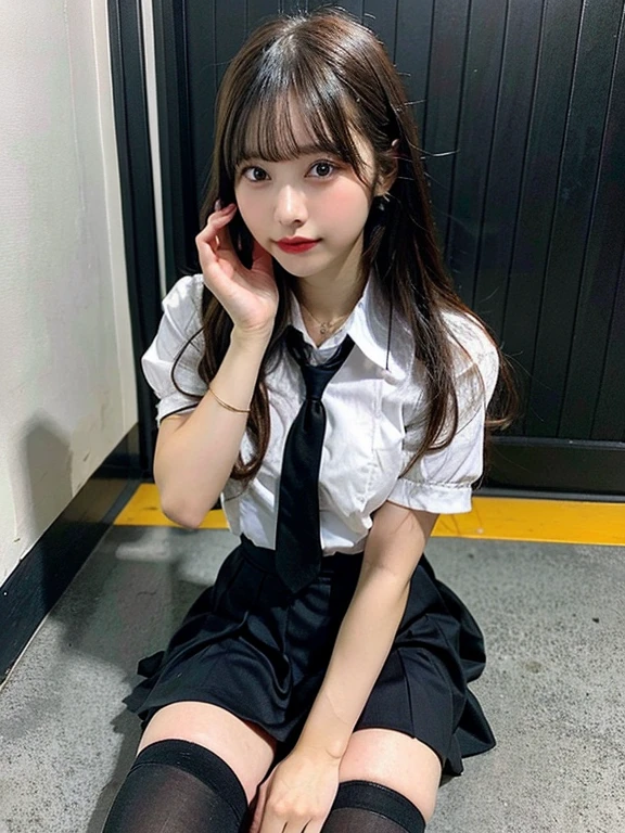 ((masterpiece)), (realistic: 1.2) masterpiece, 最high quality, high quality,High resolution,white skin, 最high quality, ultra detail,Mature,beautiful, black hair,big breasts, long hair, With bangs,school uniform,over knee socks,10th generation,Bewitching,foot,full body pose, very detailed, parted lips