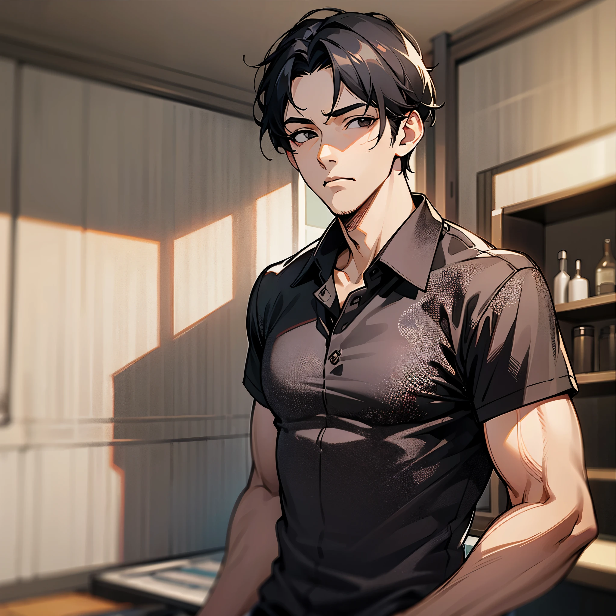 Handsome male, He has black hair, almost always unkempt but it has a certain look to it. He is tall, with broad shoulders, muscular. His face is very masculine but he has really kind eyes. Brown hazel eyes. Big bulge. Hair tied back. Trouser pants. White button up shirt. Cafe