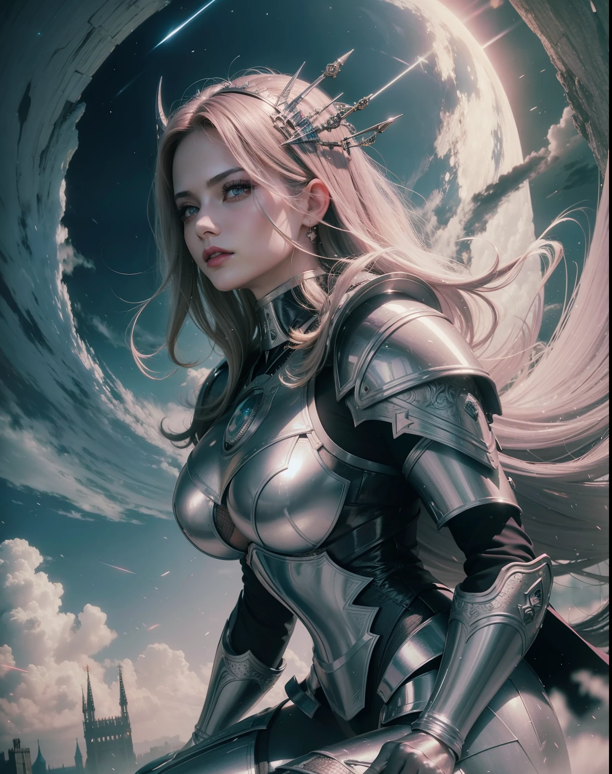hyperrealist beauty woman in realist medieval futurist armor, cinematic illumination, dark pink lips, sky in background