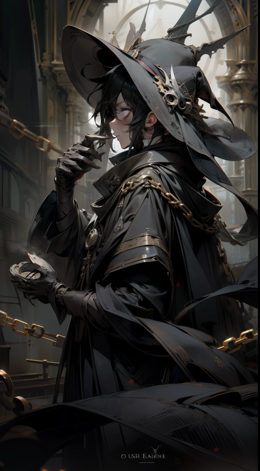 (masutepiece, Best Quality), High resolution, (8K resolution), Center, (ultra-detailliert), Mad God, Solo, 1boy, plague doctor,silk hat, chain, Black veil, trench coat, beaked mask, volume illumination:1.1, darkness, (detail: 1.2), cana, Floating particles, (depth of fields), High quality, Fujifilm 85mm, Ruins, landscape, highly detailed back ground, Nightmare, 8K, Convoluted, Grip, Mysterious,Black fog, Long nails,