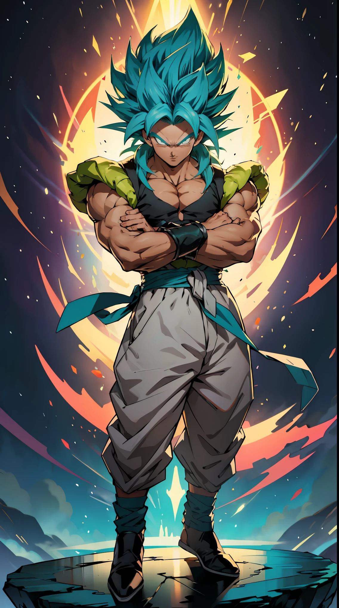 quadratic element,style of shonen anime artwork, fusion between goku and broly ,The proportions are correct,Face details,highly detailed eyes,hairstyle,Neck details,clothes details,getting ready to fight,short sleeves,Game quality,Light and shadow tracking,Ray traching,detailed glow,cg render,hair detail,Handsome,Handsome,（juvenile sense）,Clothing is complicated, Perfectcomposition,Refinement,high qulity,higher details,Lots of details, cosmos in the background, The background is complex, a sense of atmosphere, happy looking, ((anime))((colorful)), 8k, ((masterpiece)), HDR, highly detailed, vaines poping out, professiona,cloudstick,goku,super saiyan, full body artwork, on a planet, (teal hair:1.2), long hair