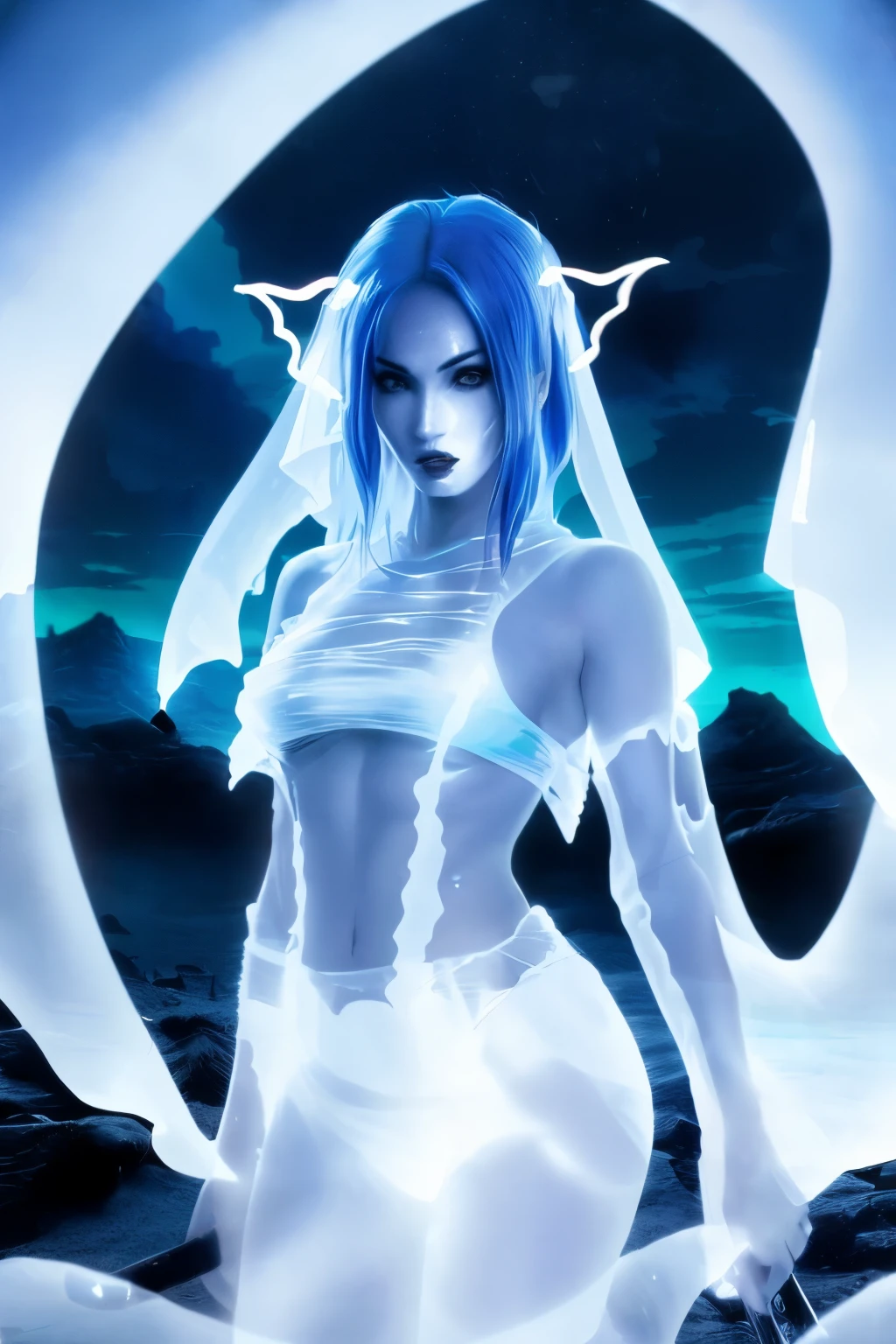 Ultra detailed illustration (((art style of Bleach anime))) of the dark silhouette of a gorgeous female fallen archangel (((Megan Fox))) in a lava-filled hellscape, curling red-tinged demon horns, the top half of her face has a demonic skull mask, long wild hair, glowing red flaming eyes, phantasmagorical figure, fit toned lean athletic and very muscular irresistible body, thin waist, slim hips, (((minimal demonic armor))), (((wicked evil legendary magical demonic spear))), (((long pointed demon tail))), (((ghostly creature:1.5))), (((translucent:1.5))), neon lights, (light particles), colorful, cmyk colors, strong backlit, (((intense ethereal aura)))