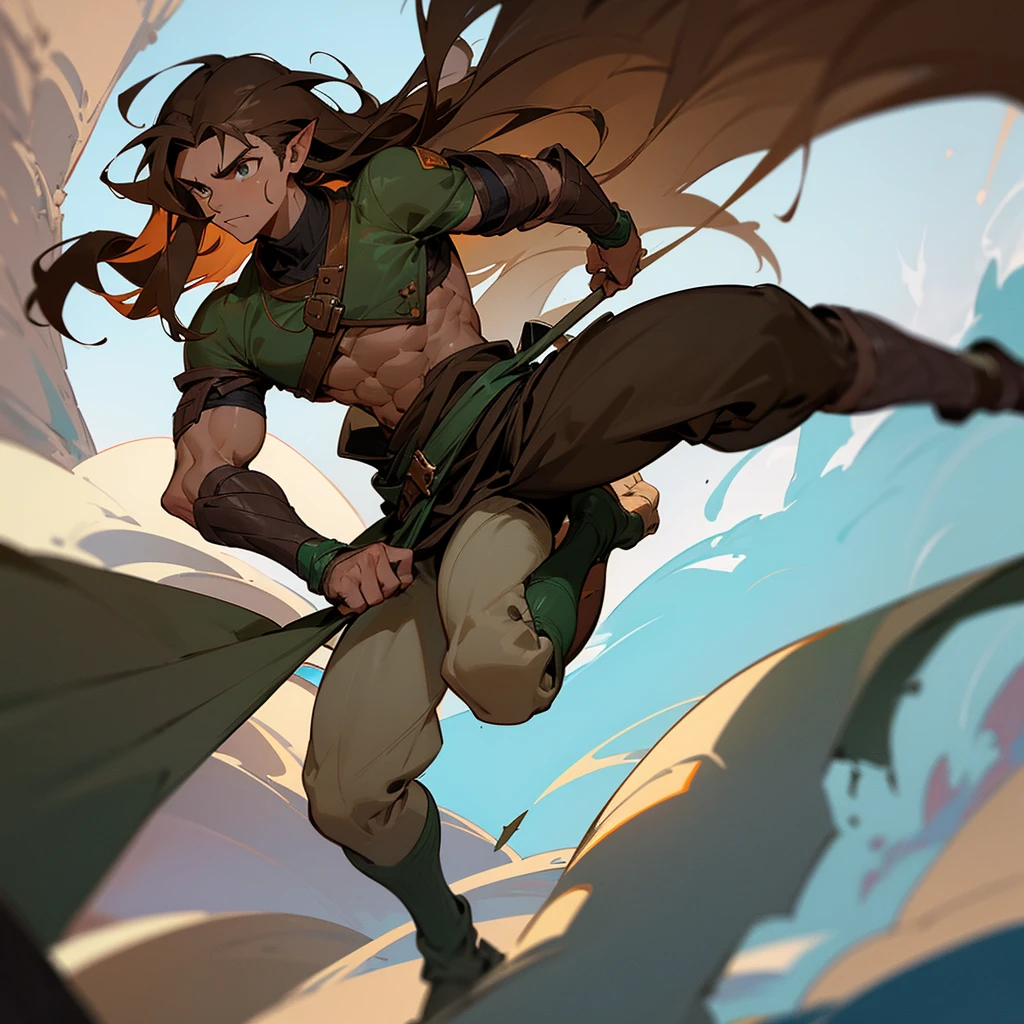 Make an animated picture of an 1 adventurous man on the picture who is a wood elf race with a fighter class. The characteristics of this adventurer: it has long brown hair, medium but bulky body posture, and this character has scars of torture in the past such as scars that spread from the foot area to the face.