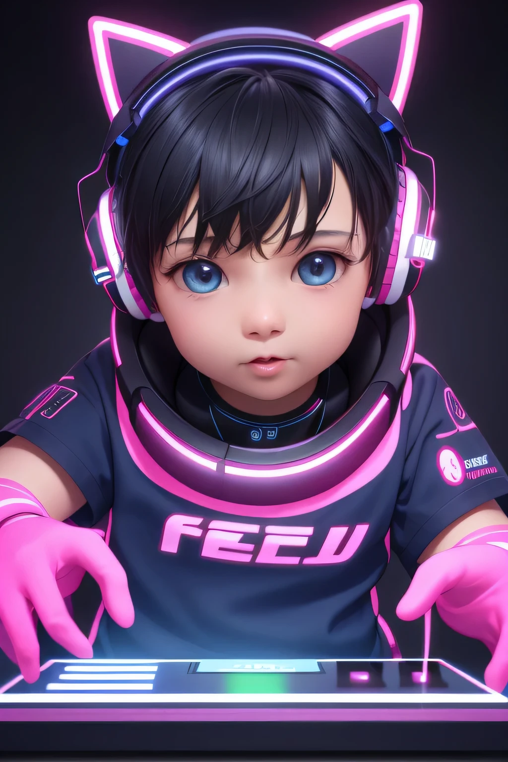 realista, 1 bebe menino com fones de ouvido bem alegre ouvindo musicas eletronicas imagem tipo cyber punk em um ambiente bem colorido com muitas luzes neon dj