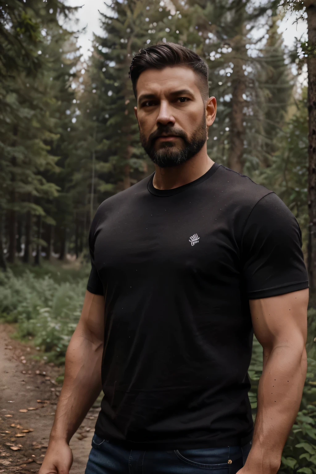 homme , 45 ans , cheveux courts et musclés , brun , gris , Barbe courte  , 100 kilos , dans la foret , Plan américain , jean noir , Tee-shirt noir 