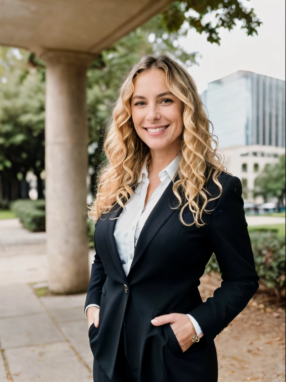 ((best quality)), ((masterpiece)), (detailed), (((45 year old wavy blonde hair woman))), executive portrait, half body shot, ((outside)), in city park with buildings, (((wearing dark suit}}}, ((professional business photo)) smiling, facing forward, standing straight