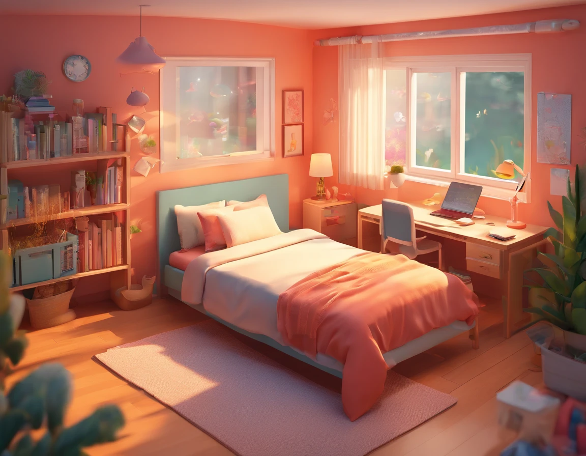 illustration of a bedroom with a bed, escritorio, y ventana, Dormitorio adolescente fantasmal, en un dormitorio, A crystal clear room, Claustrophobic room, ( ( isometric ) ), Dentro de un dormitorio, small room, isometric style, Girls' room, in small room, isometric illustration, foggy room, In a room, isometric art