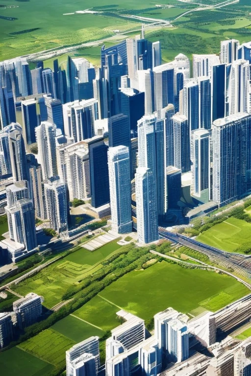 high-res,best quality,ultra-detailed,realistic:1.37,city,school on the right side,bird's eye view, modern japanese houses, green parks,,sunlit skyline,blue sky,white fluffy clouds,flock of birds flying,clear sunny day,sharp focus,vivid colors,brilliant sunlight