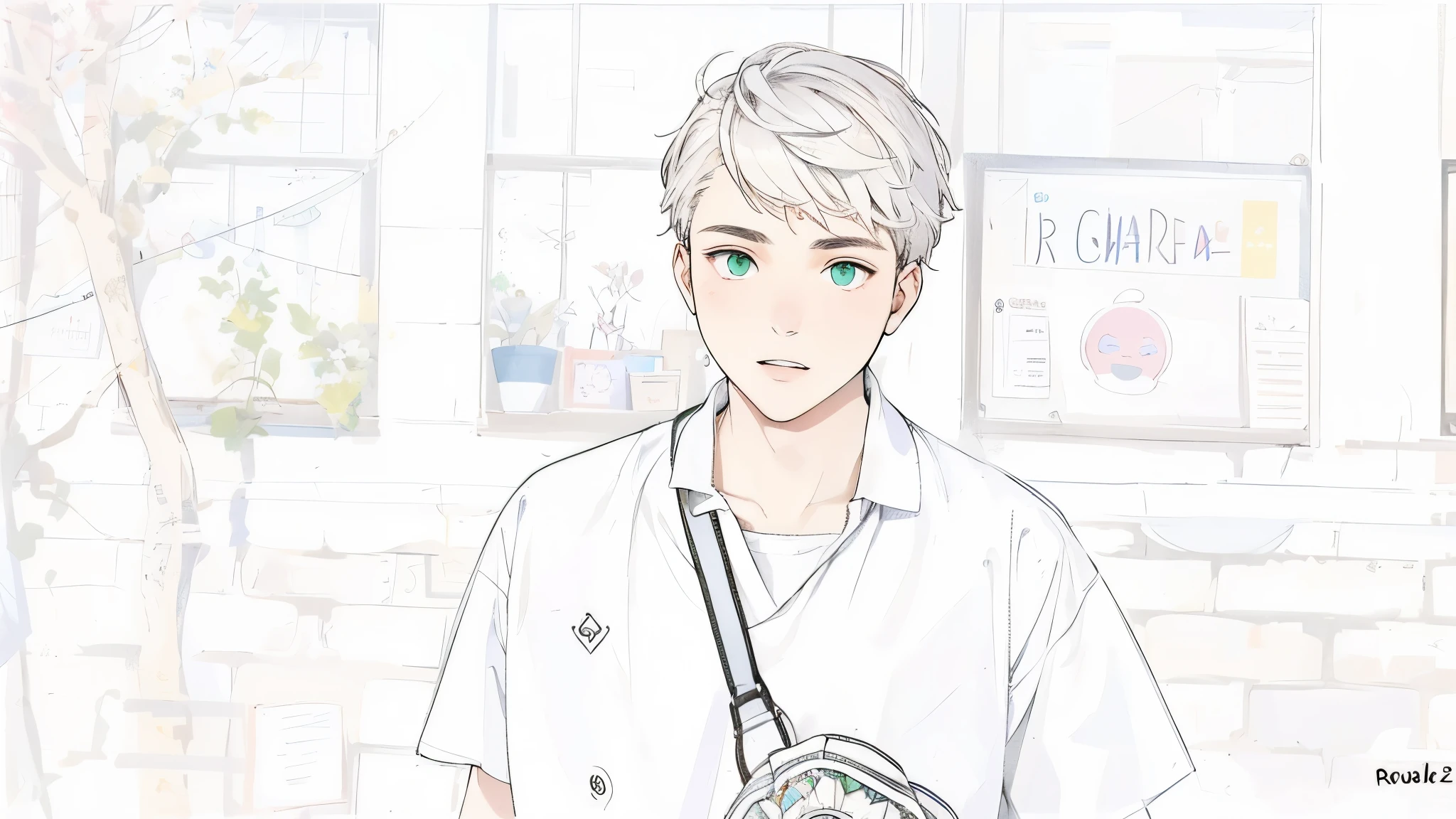 es un joven de cabello blanco que camina hacia unas personas es estudiante y su ropa esde color cafe ojos verdes