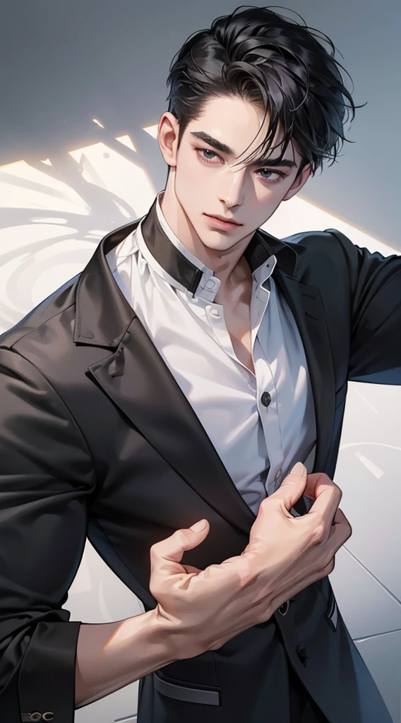 (absurdres, highres, ultra detailed), 1 male , young, aged up, handsome, tall muscular guy, broad shoulders, very short black hair with bangs, red eyes, finely detailed eyes and detailed face, extremely detailed CG unity 8k wallpaper, intricate details, (style-swirlmagic:0.8), portrait, looking at viewer, solo, (full body:0.6), dynamic pose, detailed background, sinister and cold expression, white button up t-shirt with two buttons undone and black pants, {(1800s mansion study background at night)}, cowboy shot, smoking cigar, pissed off