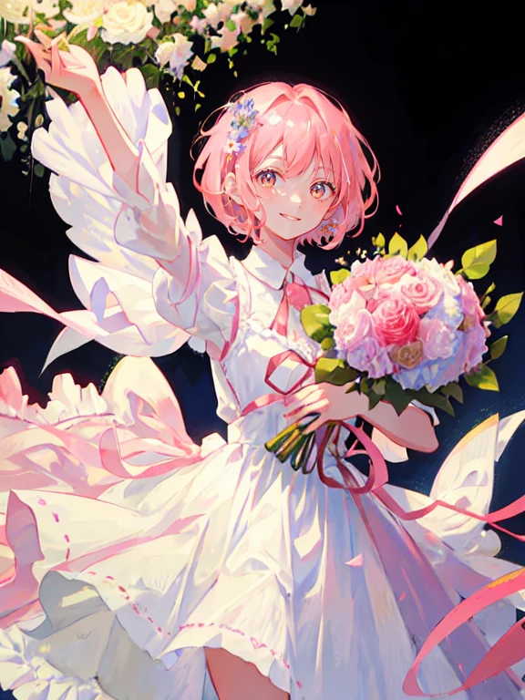 girl, pink hair, brown eyes, short cut, tying hair tips, smiling, holding a bouquet of flowers, white dress, upper body