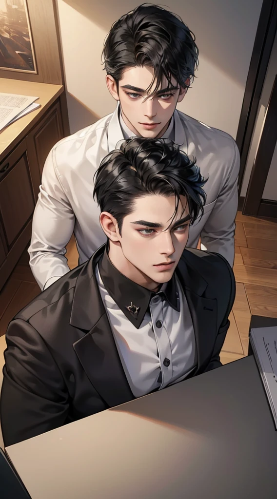 (best quality, masterpiece, 8K, photorealistic, cinematic lighting, 1:4 hdr image, top view, ultra detailed, beautiful image), a mature man, very handsome, short black hair, black eyes, perfect face without errors , (CEO)