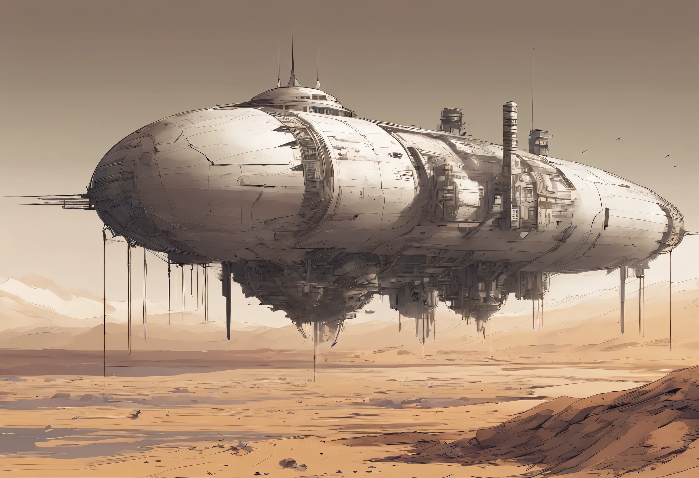Post-apocalyptic wars, Shades of white, Nero, A desert , shadowing, Gloomy atmosphere, darkly, ((natta)), The breadth of the landscape, book cover,Wasteland,A desert,Dilapidated airship,Mechanical patches,Japanese style。
