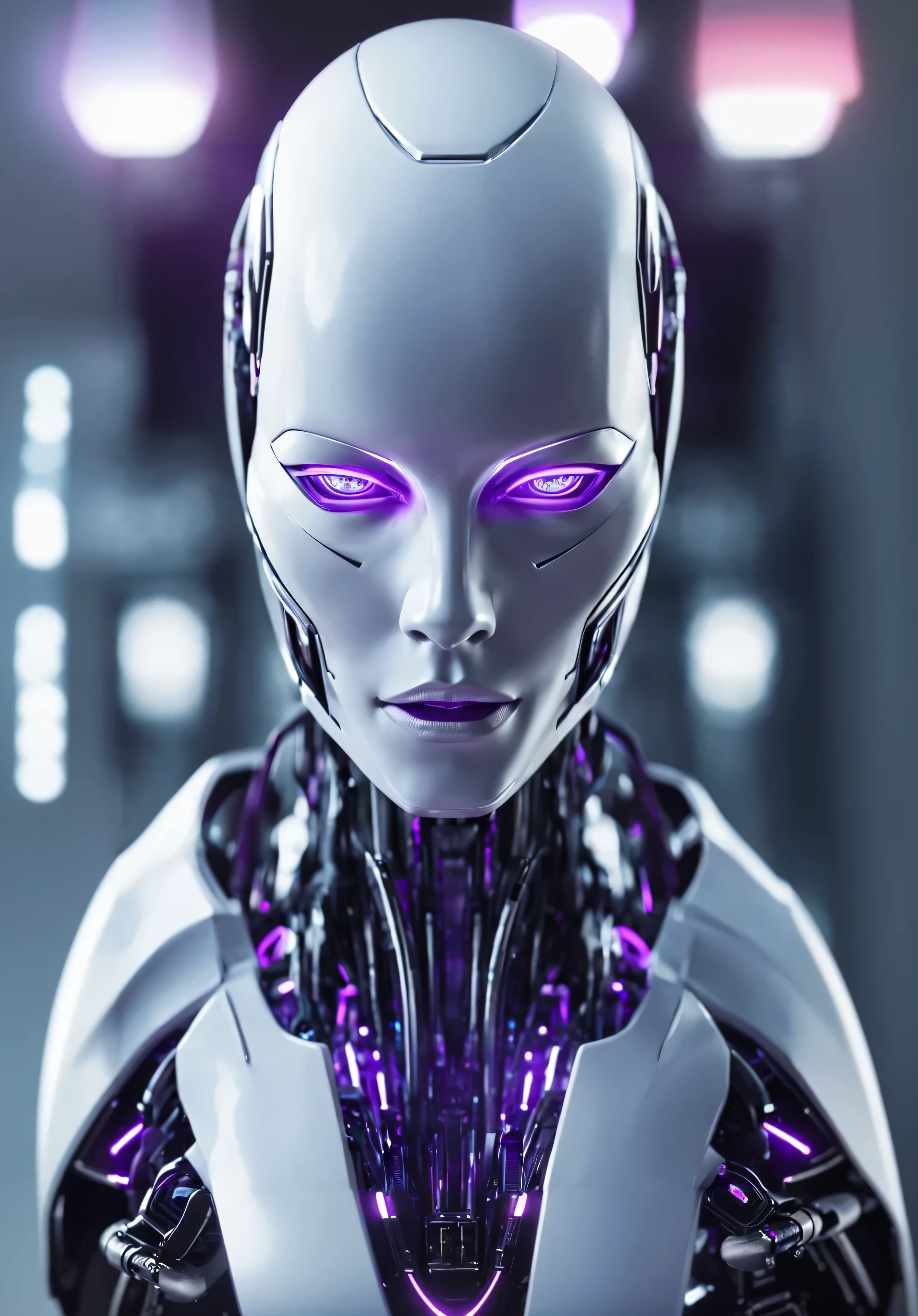 a close up of a robot with glowing purple eyes and a purple light, portrait of a female android, beautiful female android, portrait of female android, an image of a beautiful cyborg, beautiful android woman, beautiful female android!, perfect cyborg female, portrait of female humanoid, beautiful female cyborg, beautiful alluring female cyborg, portrait of a futuristic robot