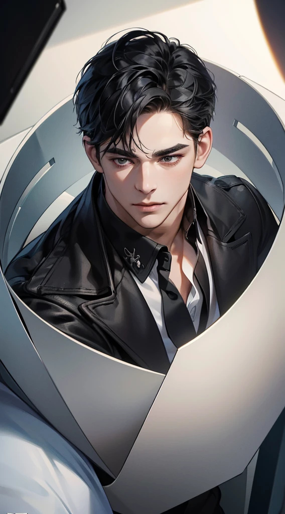 (best quality, masterpiece, 8K, photorealistic, cinematic lighting, 1:4 hdr image, top view, ultra detailed, beautiful image), a mature man, very handsome, short black hair, black eyes, perfect face without errors , (CEO)

