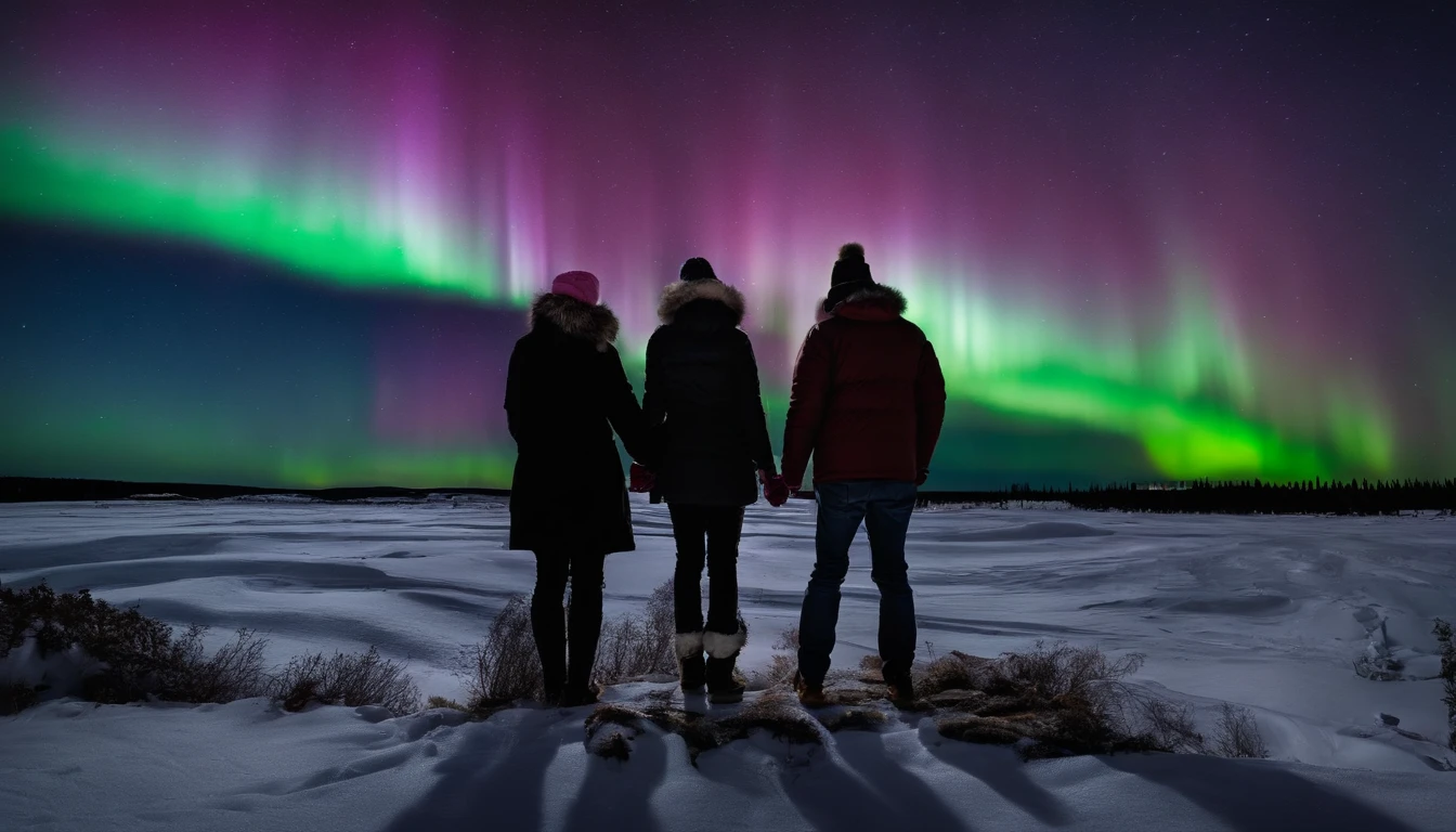 an asian couple visiting yellowknife to watch the northen lights
