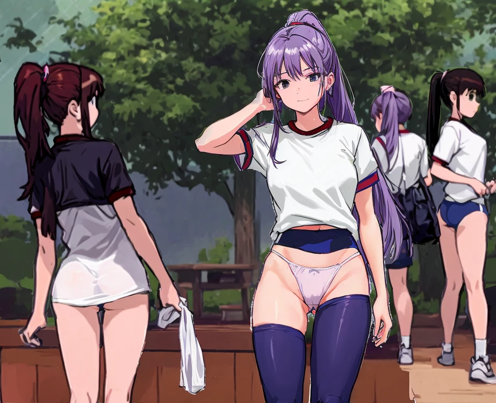 A beautiful woman with a mature face, her mauve-purple hair tied in a ponytail with a pale pink ribbon, is standing in the school playground wearing white gym clothes and navy blue bloomers shaped like panties.。