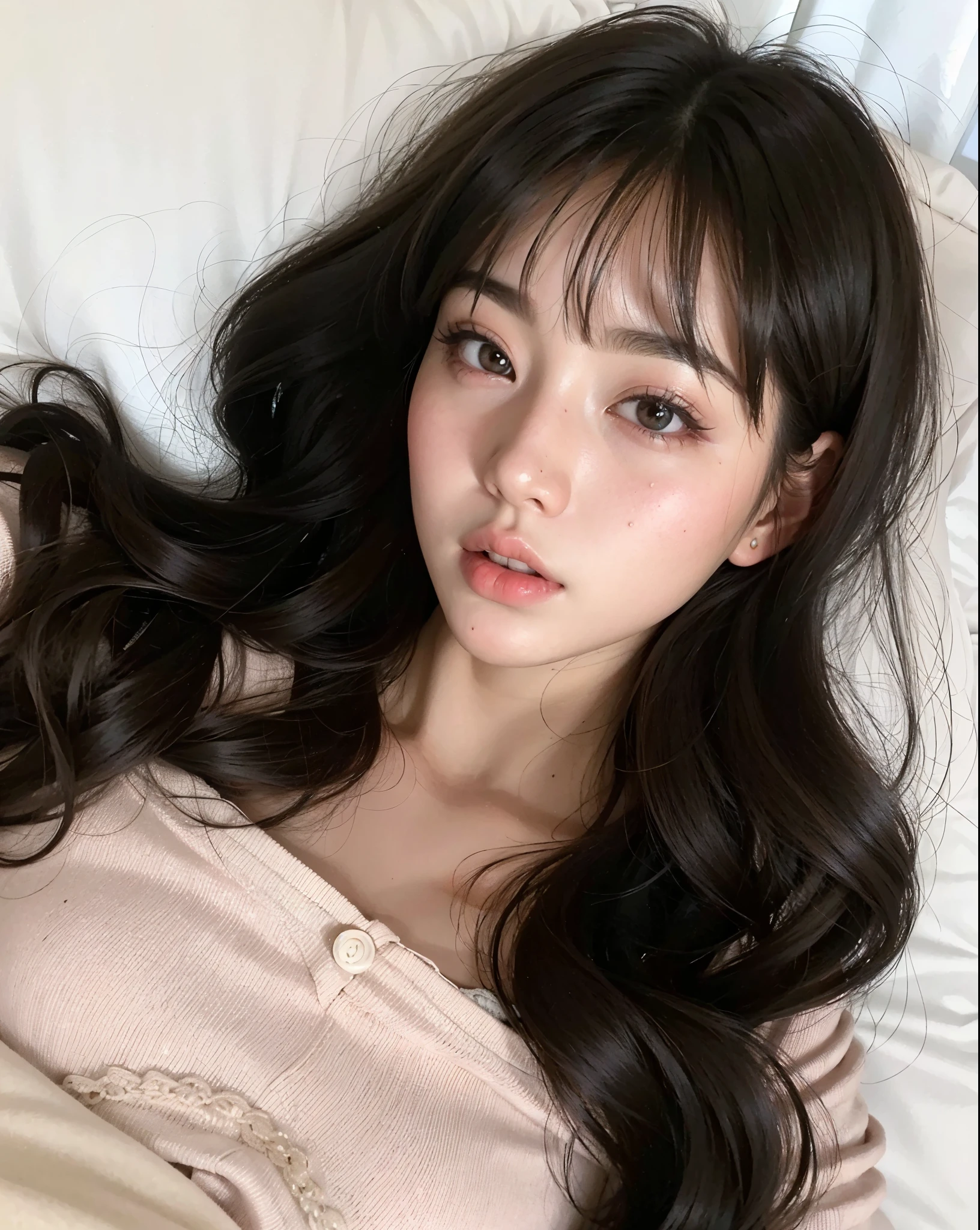 a close up of a woman laying in bed with a pillow, ulzzang, korean girl, beautiful young korean woman, gorgeous young korean woman, young adorable korean face, beautiful south korean woman, wan adorable korean face, young cute wan asian face, popular south korean makeup, popular korean makeup, korean face features, beautiful asian girl, girl cute-fine-face