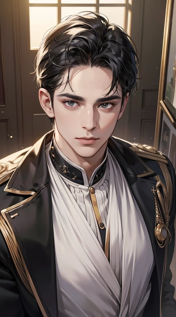 (best quality, masterpiece, 8K, photorealistic, cinematic lighting, 1:4 hdr image, top view, ultra detailed, beautiful image), a mature man, very handsome, short black hair, black eyes, perfect face without errors , (CEO).Duke. Era vitoriana.