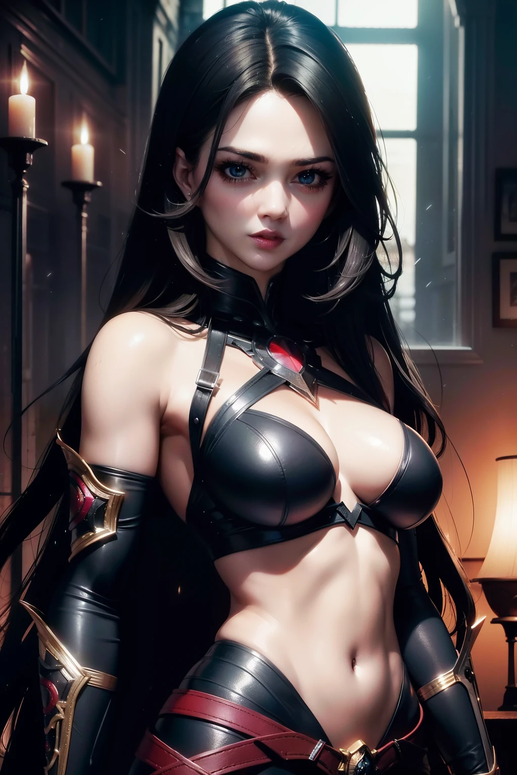Bust to waist ((perfect beauty face)) perfect skin, hyperrealistic masterpiece, Superheroine woman in extremely complex & superdetailed tight clothings, sharp focus, cinematic illumination: 8k, (((Bloodbourne aesthetic style::1)))